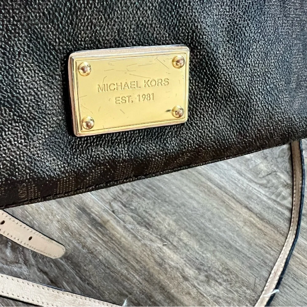 Michael Kors Brown Logo Printer Leather Crossbody Bag Medium Size